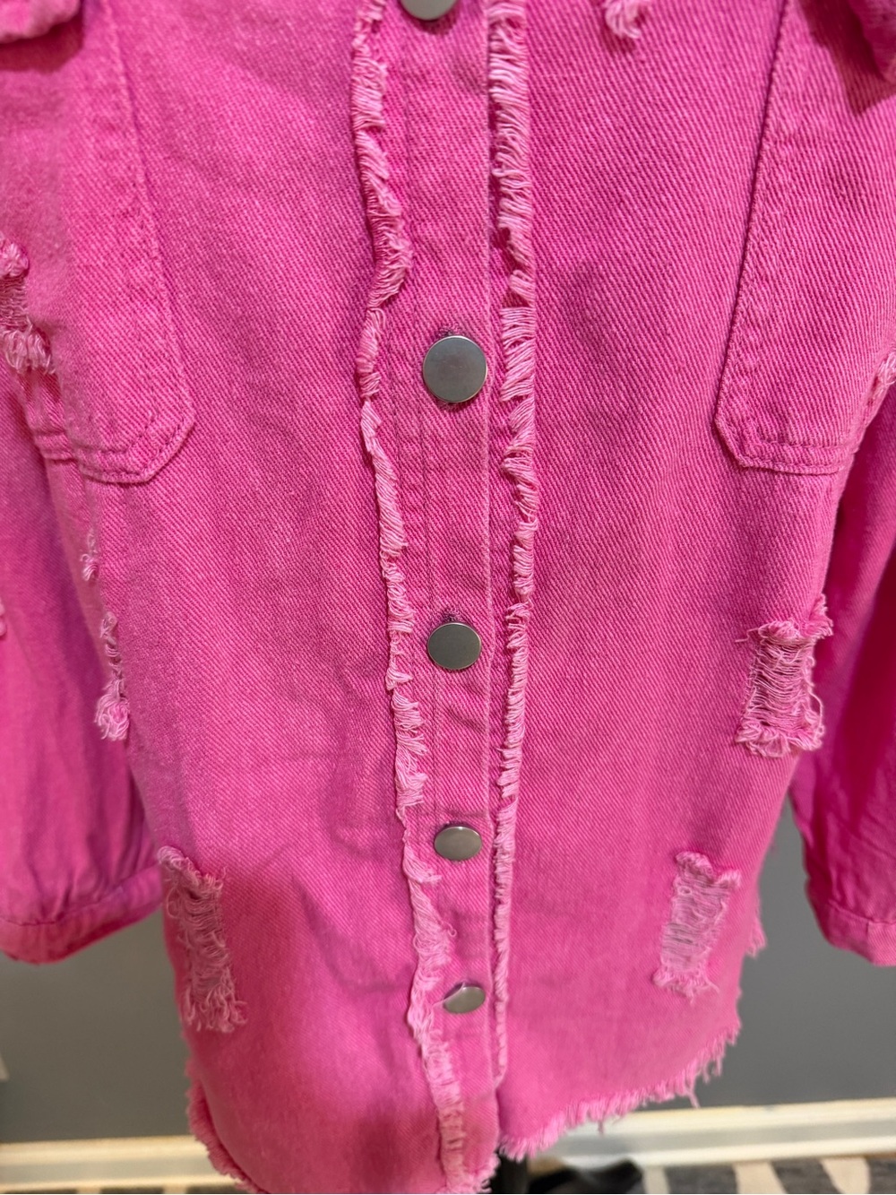 Pink Distressed Button-Front Jean Jacket - Picture 5 of 7